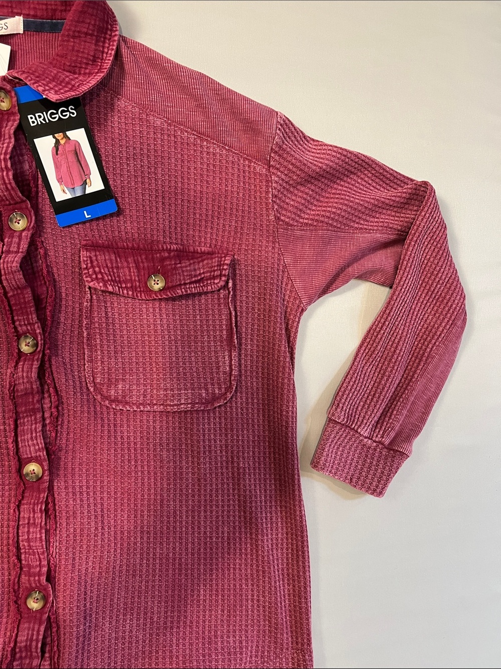 Briggs New York Raspberry Red Waffle Knit Button-Front Shirt Size L - Picture 6 of 11